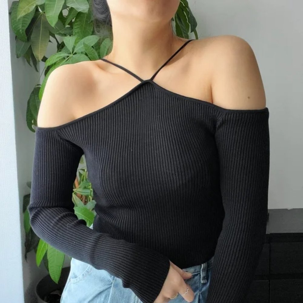 NWOT Designer Off Shoulder/ Halter Long Sleeve Cotton Knit Summer Top